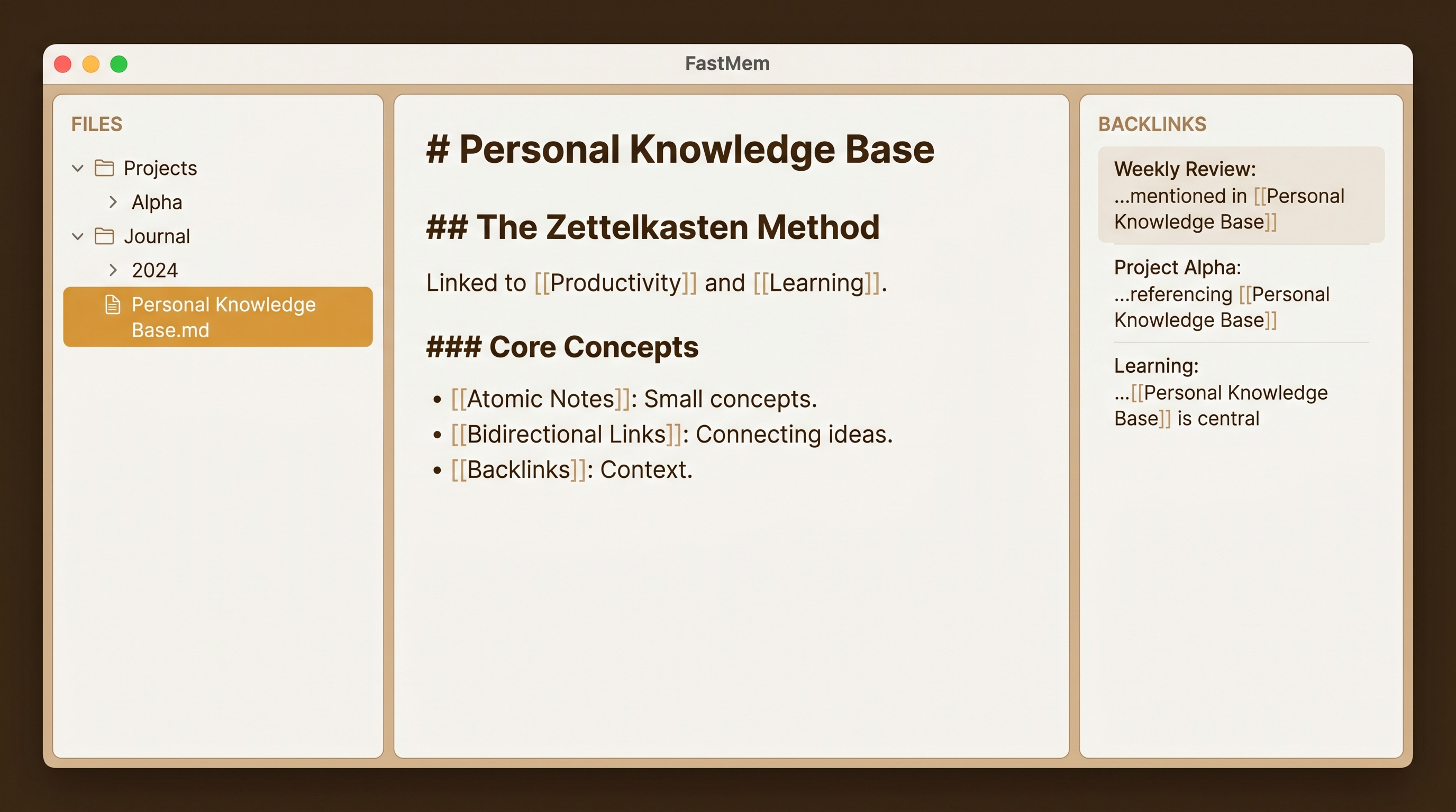 Memfect desktop application showing markdown editor, file tree, and knowledge graph